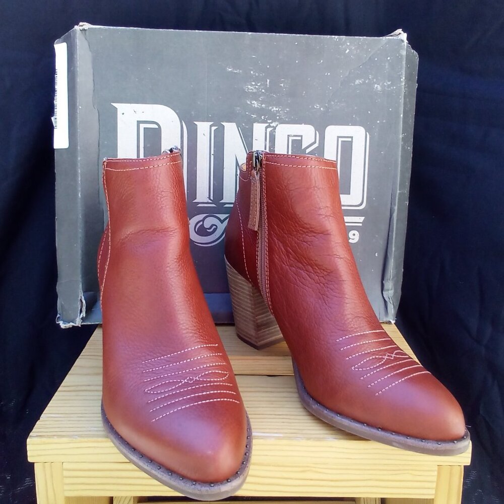 Dingo Women Call Back Leather Heeled Ankle Boot Color Cognac Brown, Size 9.5.